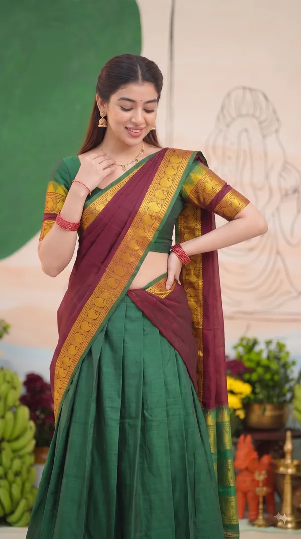 Traditional_Olive_Green_Half_Saree_with_Maroon_Dhavani