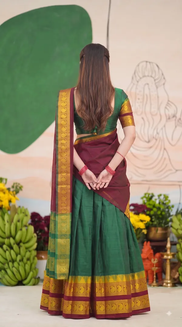 Traditional_Olive_Green_Half_Saree_with_Maroon_Dhavani