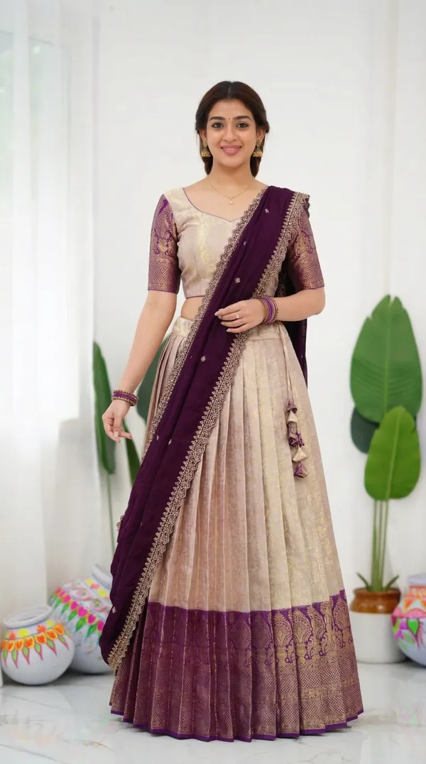 Kanjivaram_Silk_Zari_Half_Saree_stitched-Lehenga_With_Blouse_Along_With_Banarsi_Silk