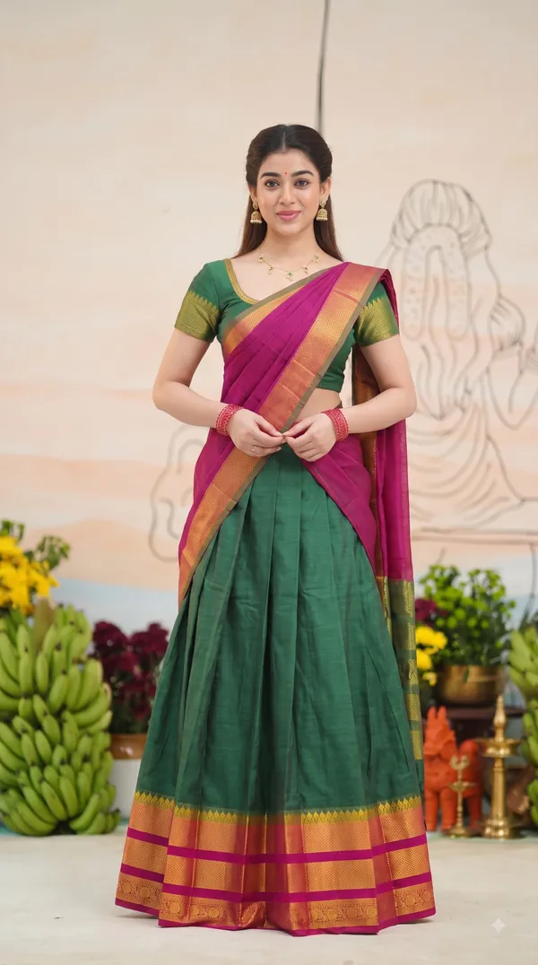 Traditional_Green_Half_Saree_with_Pink_Dhavani