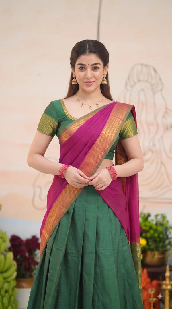 Traditional_Green_Half_Saree_with_Pink_Dhavani