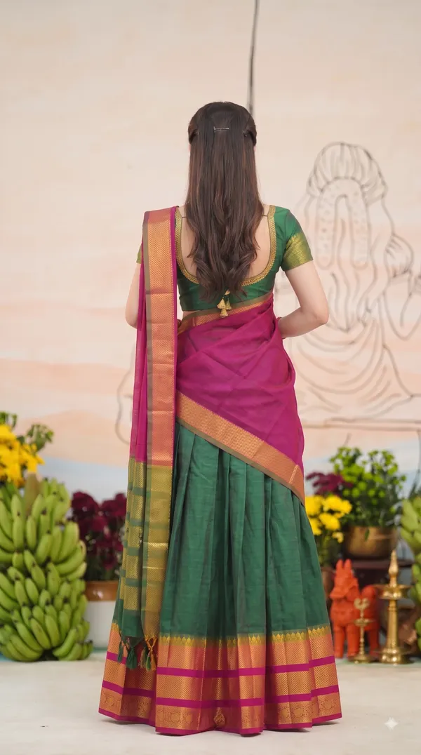 Traditional_Green_Half_Saree_with_Pink_Dhavani