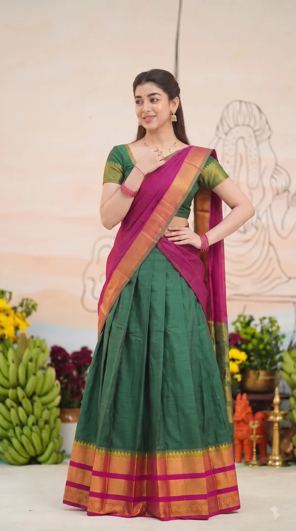 Traditional_Green_Half_Saree_with_Pink_Dhavani