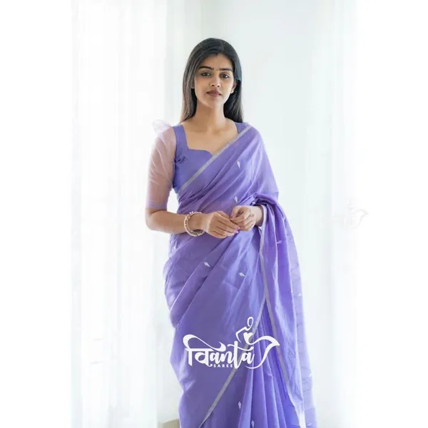 Lavendar_Designer_Soft_Linen_Cotton_Silk_Saree_With_Blouse