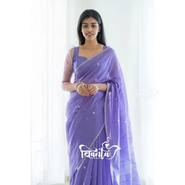 Lavendar_Designer_Soft_Linen_Cotton_Silk_Saree_With_Blouse