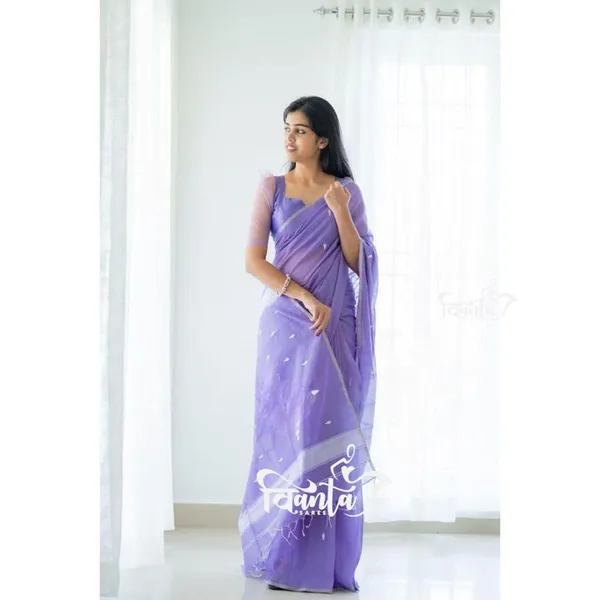 Lavendar_Designer_Soft_Linen_Cotton_Silk_Saree_With_Blouse