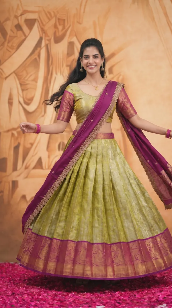 Kanjivaram_Silk_Zari_Half_Saree_stitched-Lehenga_With_Blouse_Along_With_Banarsi_Silk