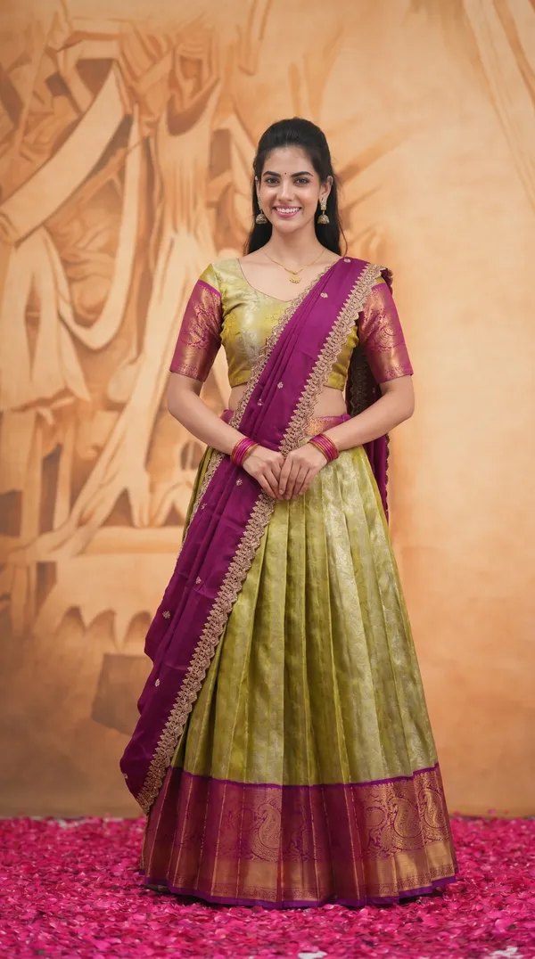 Kanjivaram_Silk_Zari_Half_Saree_stitched-Lehenga_With_Blouse_Along_With_Banarsi_Silk