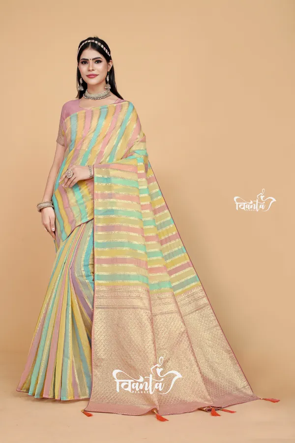 Multi_Color_Banarasi_Silk_Wedding_&_Party_Wear_Saree_&_Unstiched_Blouse_For_Women
