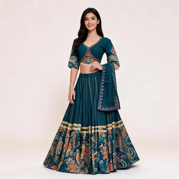 Teal_Rayon_Lehenga_Choli_For_Women