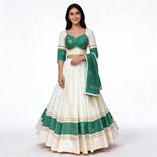 White_And_Green_Roman_Silk_Lehenga_Set_For_Women