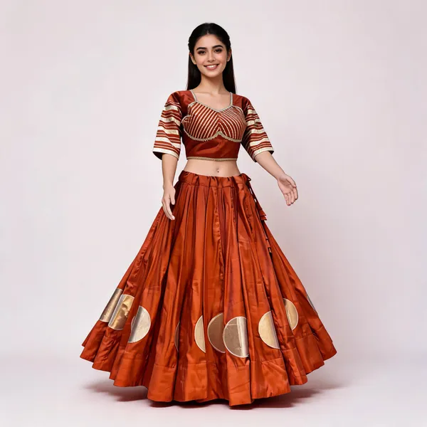 Rust_Orange_Roman_Silk_Lehenga_Choli_For_Women