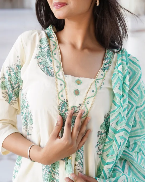 lvory_&_Sea_Green_Floral_Block_Print_Anarkali_Kurta_Set