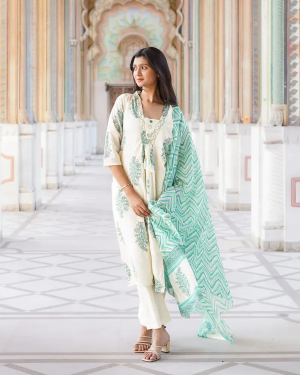 lvory_&_Sea_Green_Floral_Block_Print_Anarkali_Kurta_Set