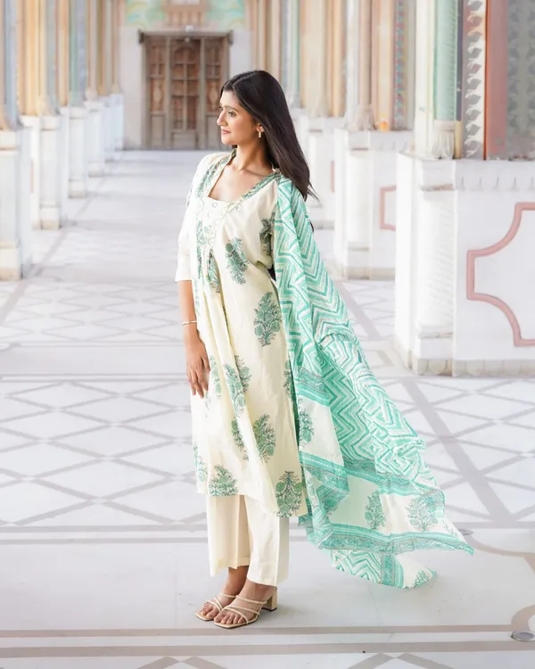lvory_&_Sea_Green_Floral_Block_Print_Anarkali_Kurta_Set