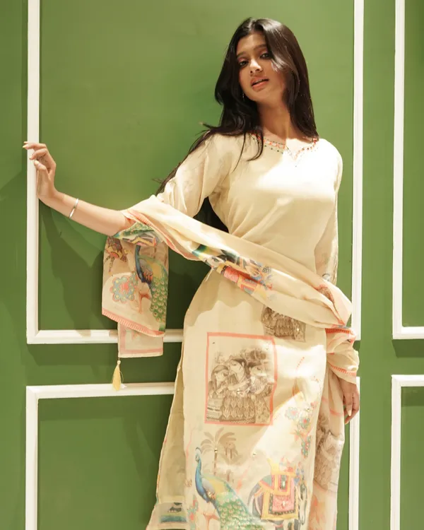 Beige_Co-ord_Kurta_Set_with_Royal_Peacock_&_Elephant_Prints_–_Pure_Cotton_Summer_Suit