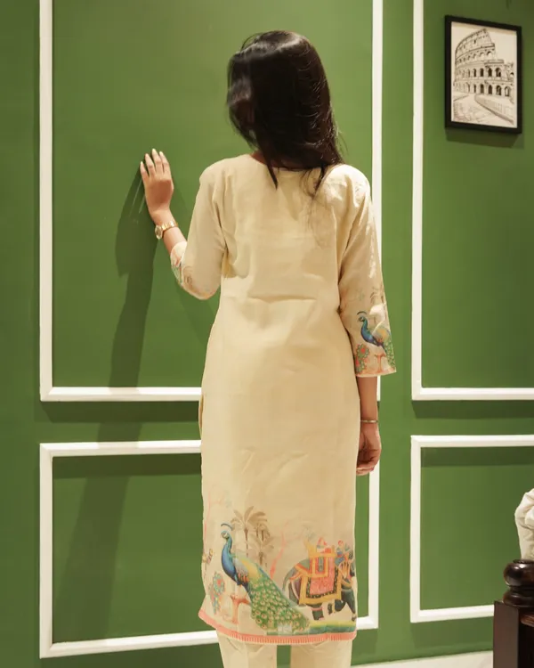Beige_Co-ord_Kurta_Set_with_Royal_Peacock_&_Elephant_Prints_–_Pure_Cotton_Summer_Suit