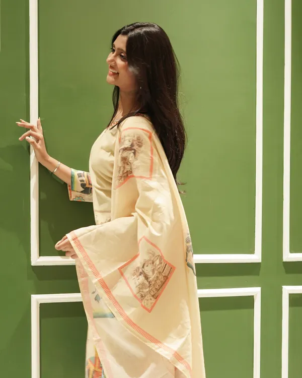 Beige_Co-ord_Kurta_Set_with_Royal_Peacock_&_Elephant_Prints_–_Pure_Cotton_Summer_Suit