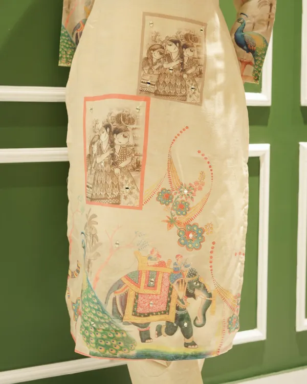 Beige_Co-ord_Kurta_Set_with_Royal_Peacock_&_Elephant_Prints_–_Pure_Cotton_Summer_Suit