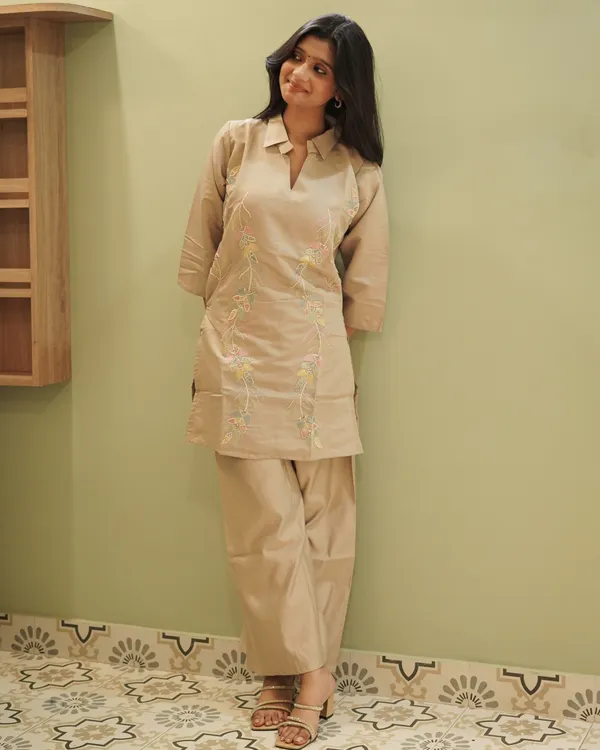 Beige_Cotton_Silk_Embroidered_Kurti_with_Matching_Wide-Leg_Pants_Set