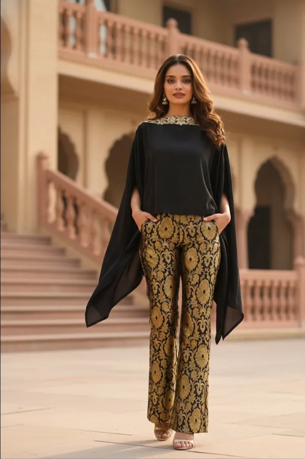 Black_Cape_Top_&_Gold_Brocade_Trouser_Set