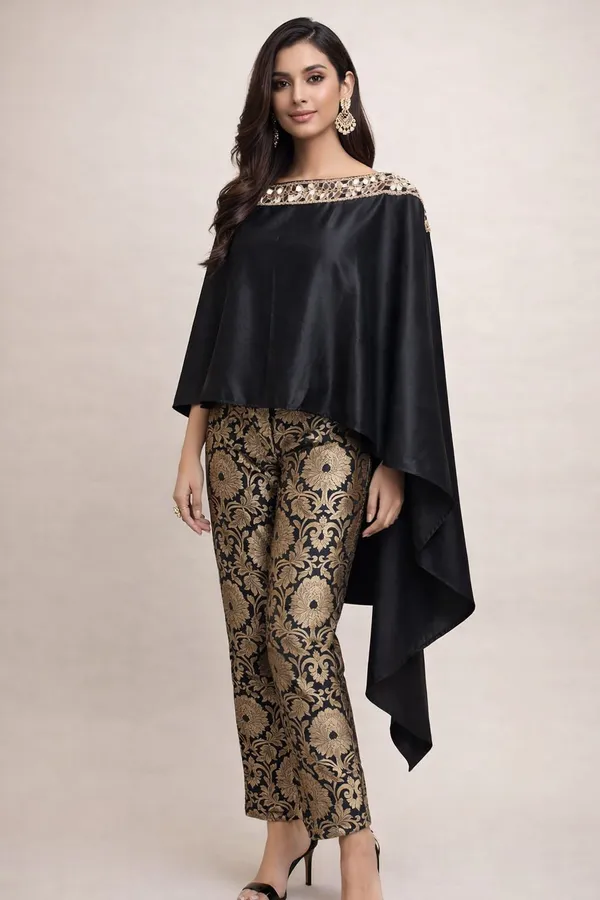 Black_Cape_Top_&_Gold_Brocade_Trouser_Set