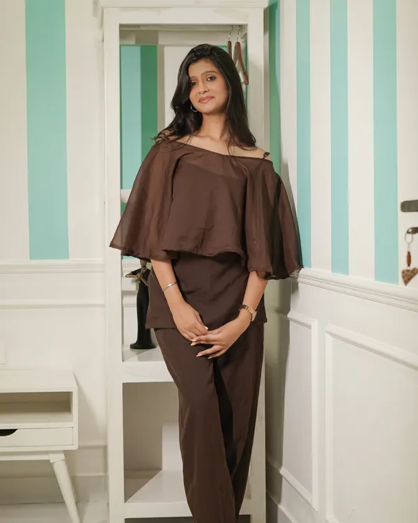 Chocolate_Off-Shoulder_Sheer_Cape_Top_&_Trouser_Set