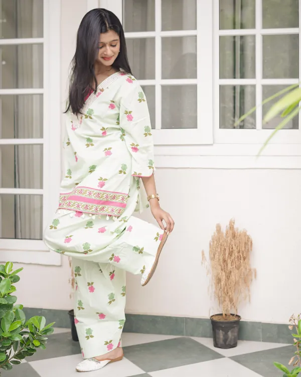 Sage_Green_Floral_Printed_Short_Kurti_with_Farsi_Pants_Co-Ord_Set
