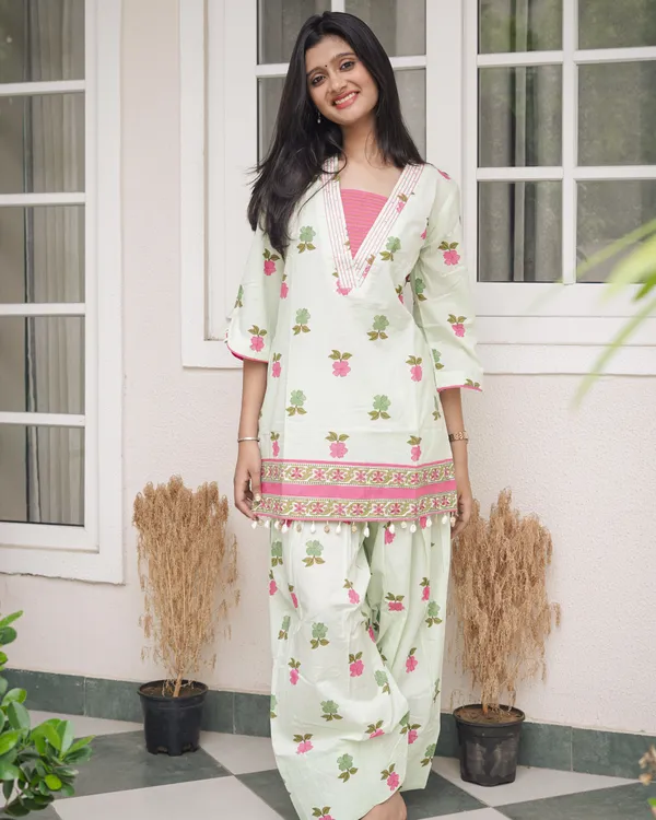 Sage_Green_Floral_Printed_Short_Kurti_with_Farsi_Pants_Co-Ord_Set