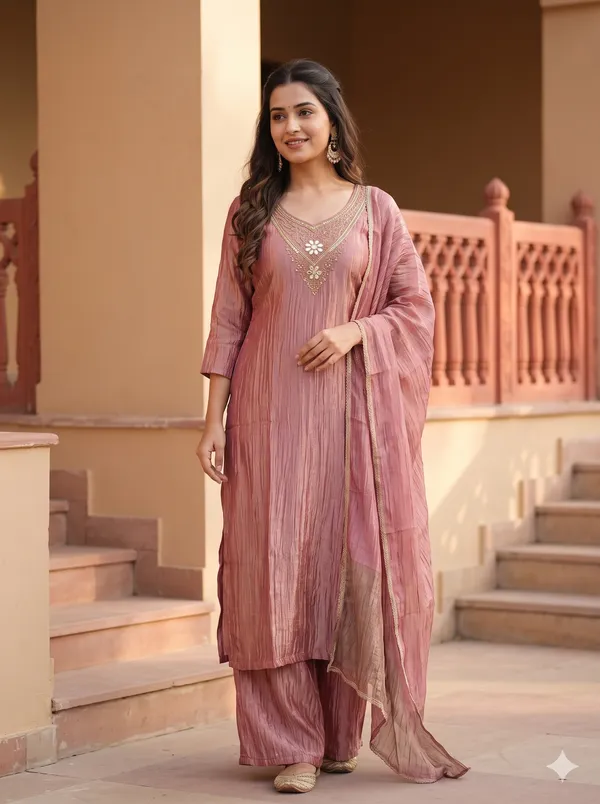 Dusty_Rose_Crushed_Tissue_Silk_Kurta_Set_with_Handcrafted_Zari_&_Floral_Mirror-Work_Embroidery