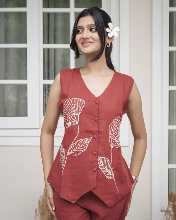 Elegance_in_Rust:_Hand-Embroidered_Floral_Linen_Co-Ord_Set