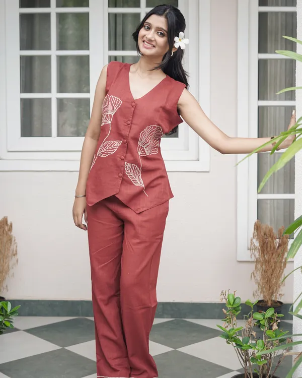 Elegance_in_Rust:_Hand-Embroidered_Floral_Linen_Co-Ord_Set