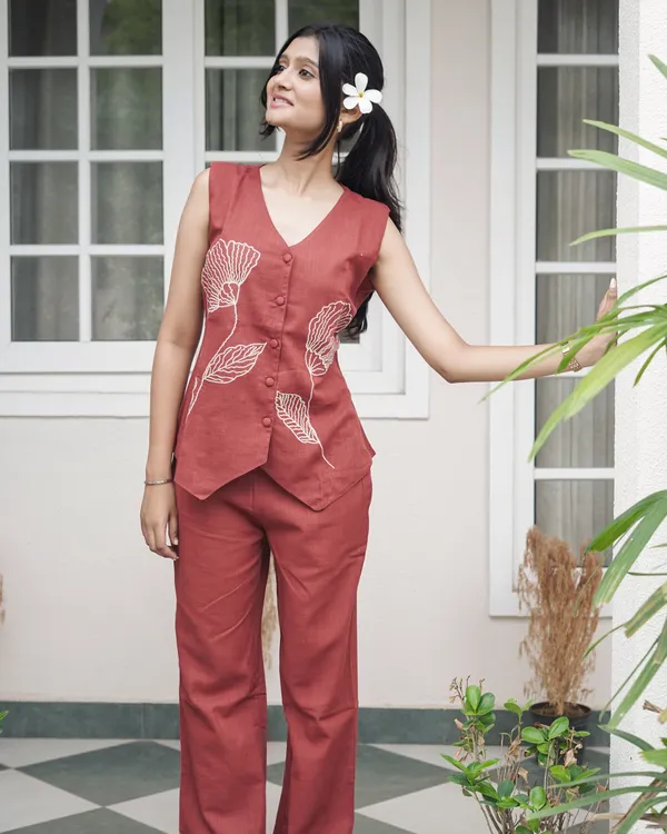 Elegance_in_Rust:_Hand-Embroidered_Floral_Linen_Co-Ord_Set