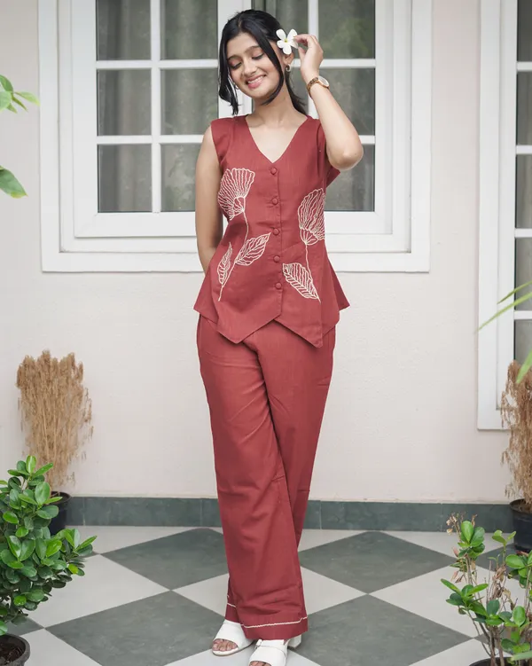 Elegance_in_Rust:_Hand-Embroidered_Floral_Linen_Co-Ord_Set