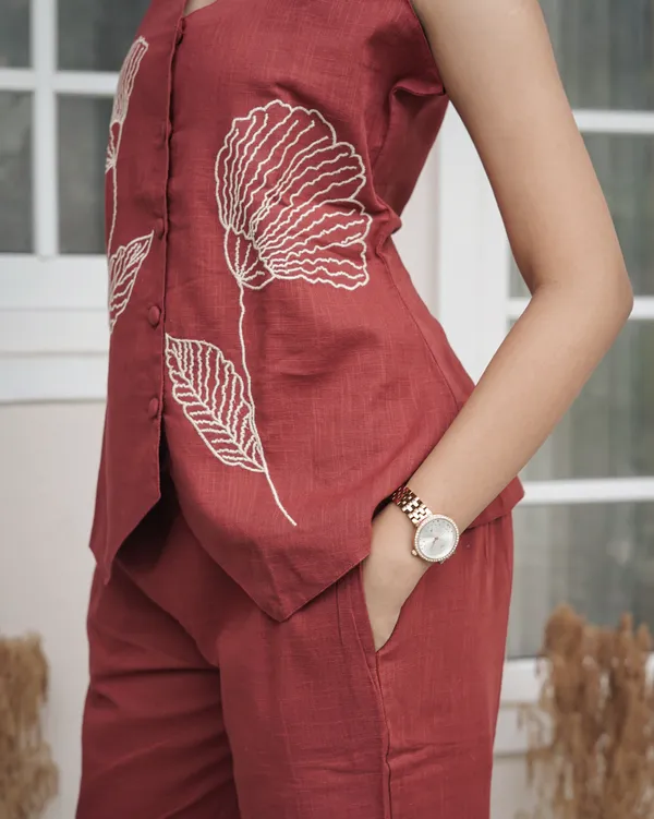 Elegance_in_Rust:_Hand-Embroidered_Floral_Linen_Co-Ord_Set