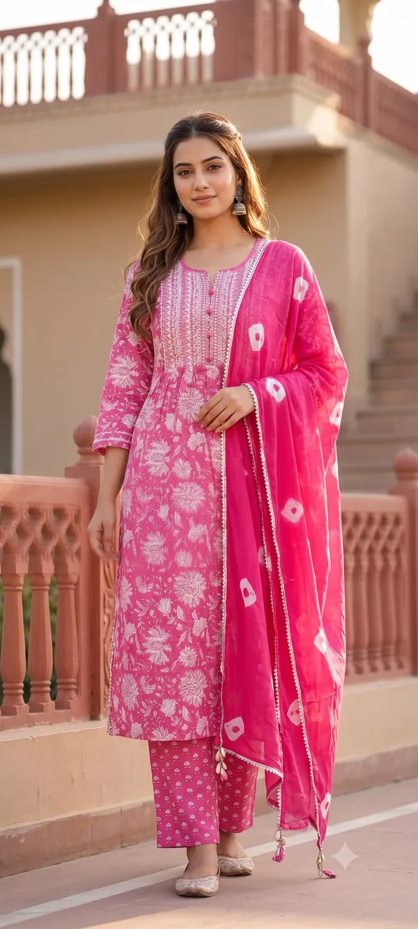 Indiva_Fuchsia_Pink_Floral_Block_Print_3-Piece_Kurti_Set_|_Bandhani_Dupatta_|_Jaipur_Trendzz