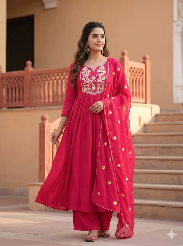 Rani_Pink_Gota_&_Thread_Embroidered_Flared_Anarkali_Kurta_Set_with_Dupatta_&_Wide-Leg_Pants