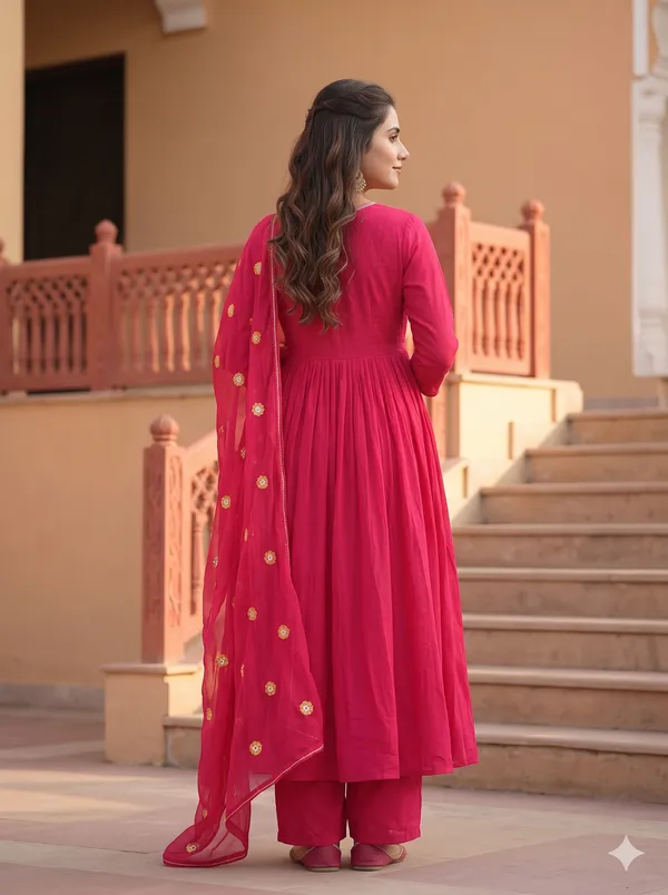 Rani_Pink_Gota_&_Thread_Embroidered_Flared_Anarkali_Kurta_Set_with_Dupatta_&_Wide-Leg_Pants