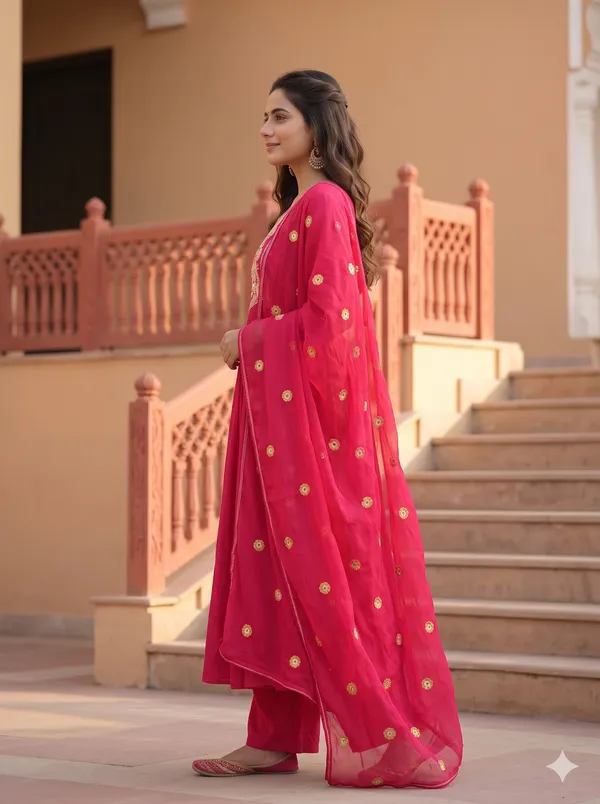 Rani_Pink_Gota_&_Thread_Embroidered_Flared_Anarkali_Kurta_Set_with_Dupatta_&_Wide-Leg_Pants