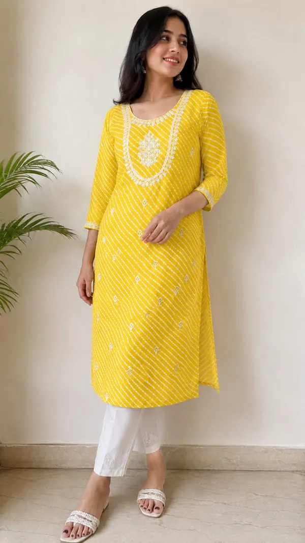 Rani_Pink_Leheriya_Georgette_Kurta_|_Gota_Patti_&_Zari_Scoop_Neck_|_Floral_Buttis_|_Jaipur_Trendzz
