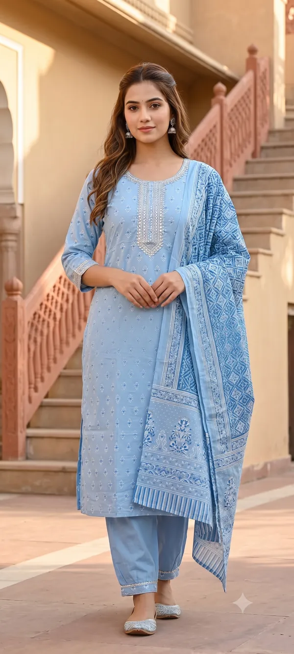 Serene_Sky_Blue_Hand-Block_Printed_Kurti_Set_|_Gota_Patti_Neckline_&_Dupatta_|_Jaipur_Trendz
