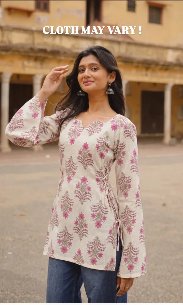 Syahi_|_Ivory_&__Bell_Sleeve_Block_Print_Short_Kurti