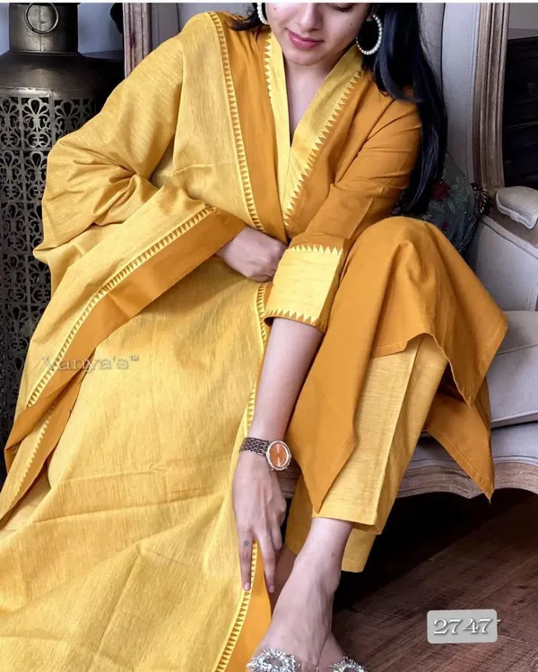 Yellow_Premium_South_Cotton_Handloom_Kurti_With_Temple_Border_On_Yoke_And_Sleeves_Paired_With_Handloom_Cotton_Pants_And_Dupatta