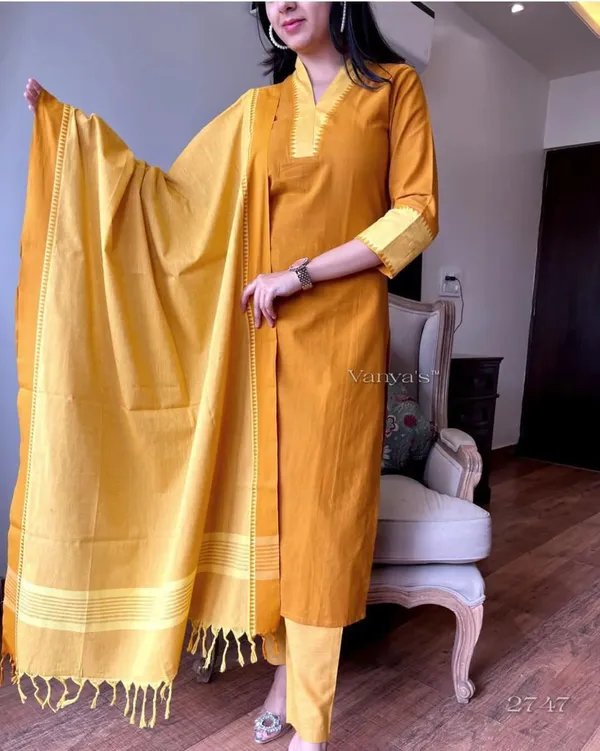 Yellow_Premium_South_Cotton_Handloom_Kurti_With_Temple_Border_On_Yoke_And_Sleeves_Paired_With_Handloom_Cotton_Pants_And_Dupatta