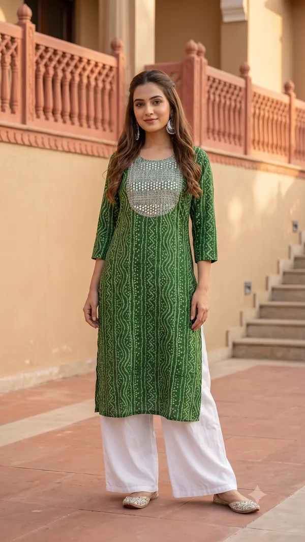 Bandhani_Cotton_Kurta_|_Resham_Embroidered_Yoke_with_Mirror_Work_|_Jaipur_Trendzz