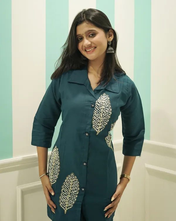 Women's_Teal_Blue_Co-ord_Set_-_Cotton_Kurti_with_Matching_Trousers