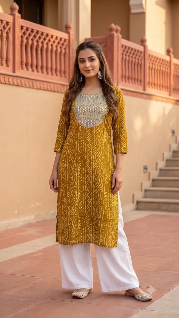 Bandhani_Cotton_Kurta_|_Resham_Embroidered_Yoke_with_Mirror_Work_|_Jaipur_Trendzz