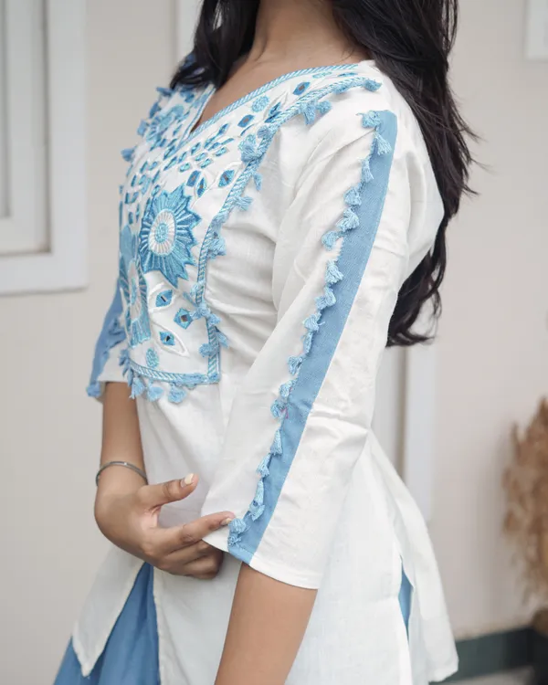 White_&_Cerulean_Blue_Embroidered_Cotton_Co-Ord_Set