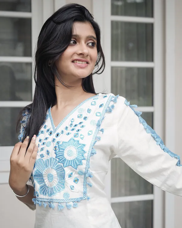 White_&_Cerulean_Blue_Embroidered_Cotton_Co-Ord_Set