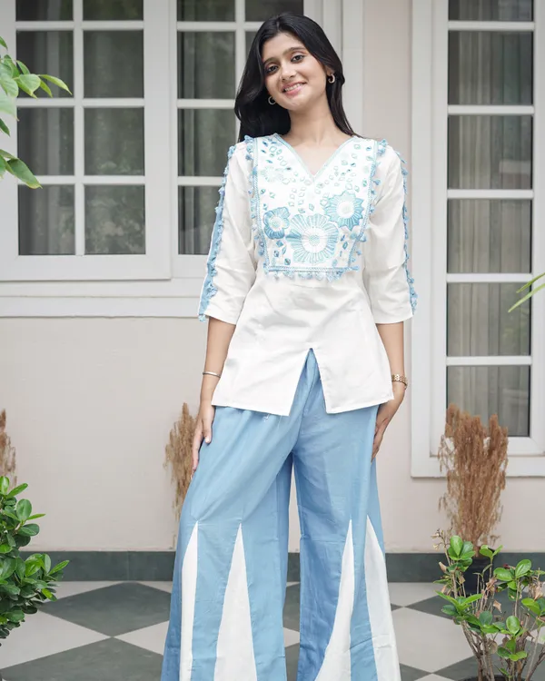 White_&_Cerulean_Blue_Embroidered_Cotton_Co-Ord_Set